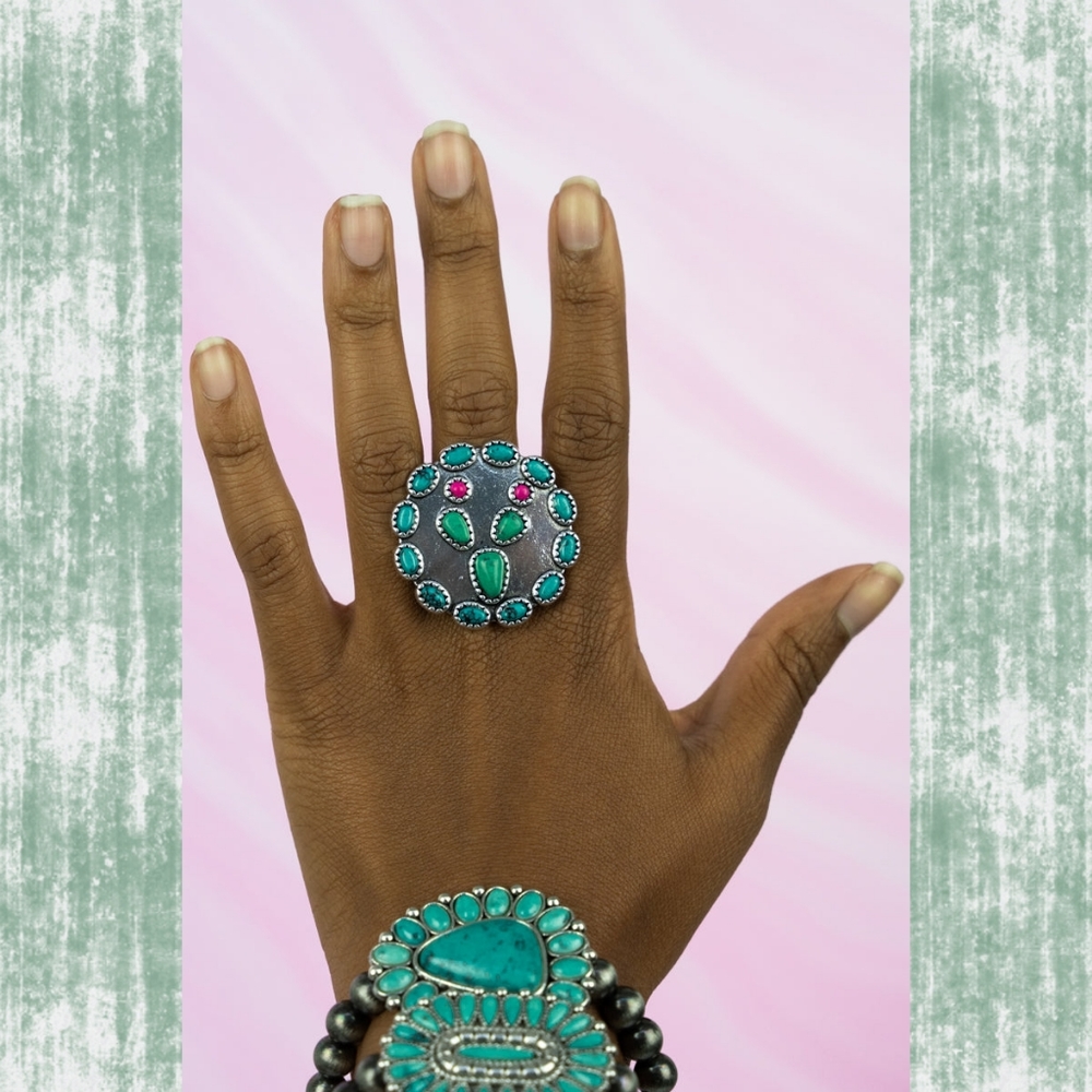 Cactus Turquoise Beaded Free Spirit Boho South Western People ring nwt